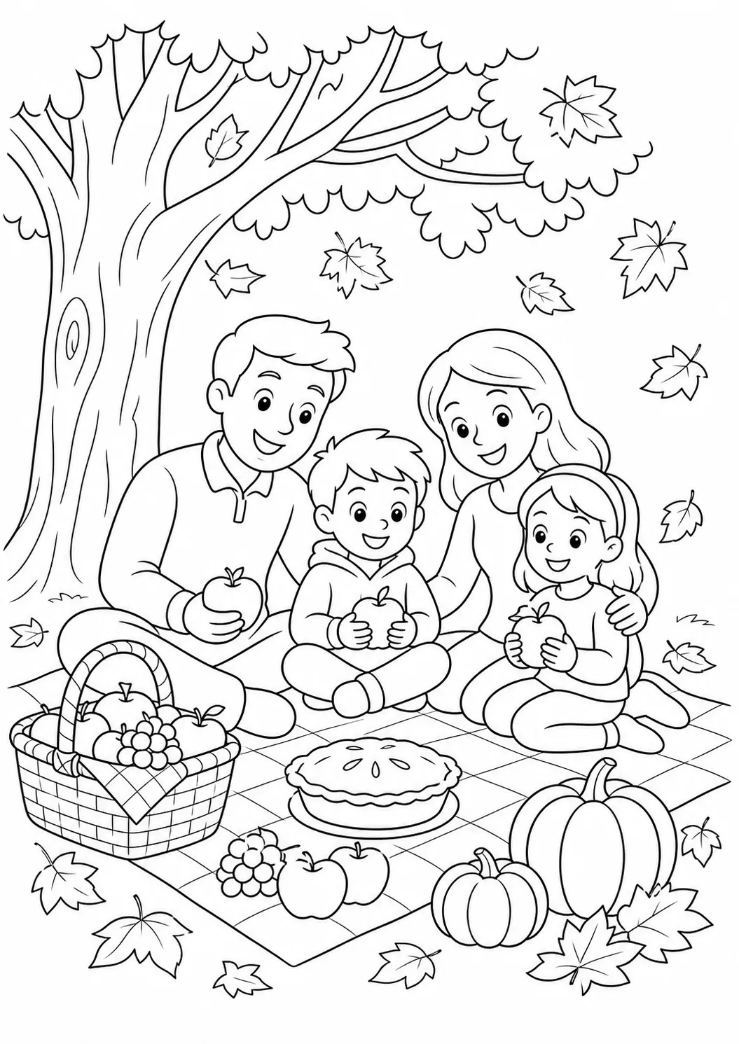 Family Thanksgiving picnic free printable coloring page