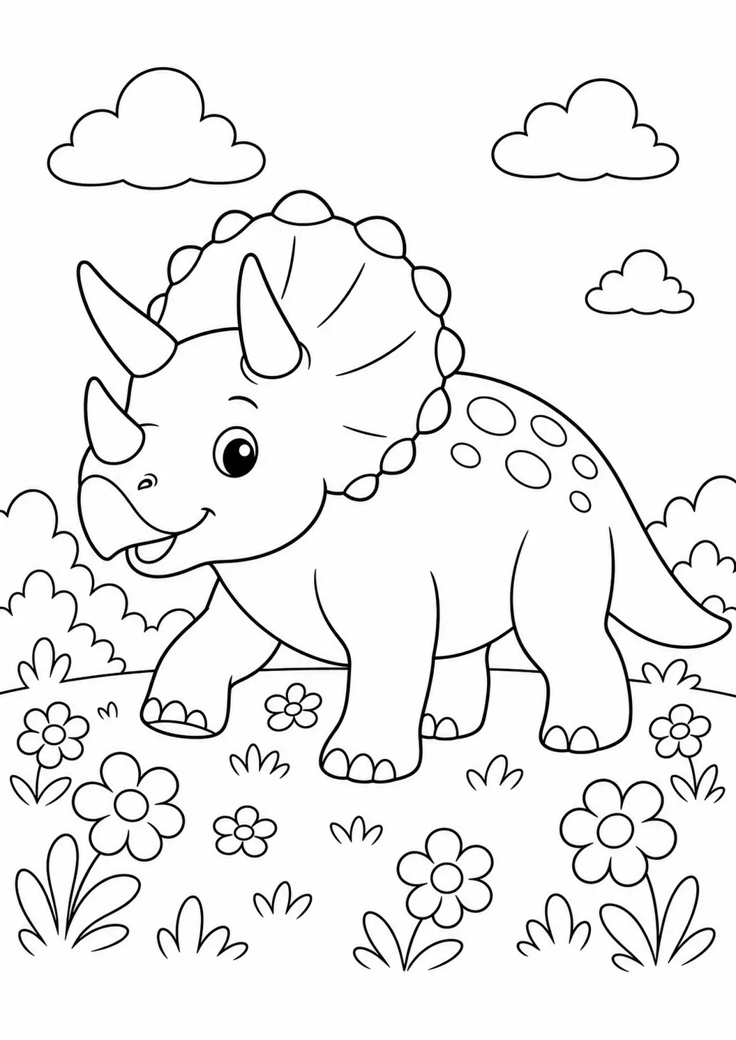 Triceratops in the meadow free printable dinosaur coloring page