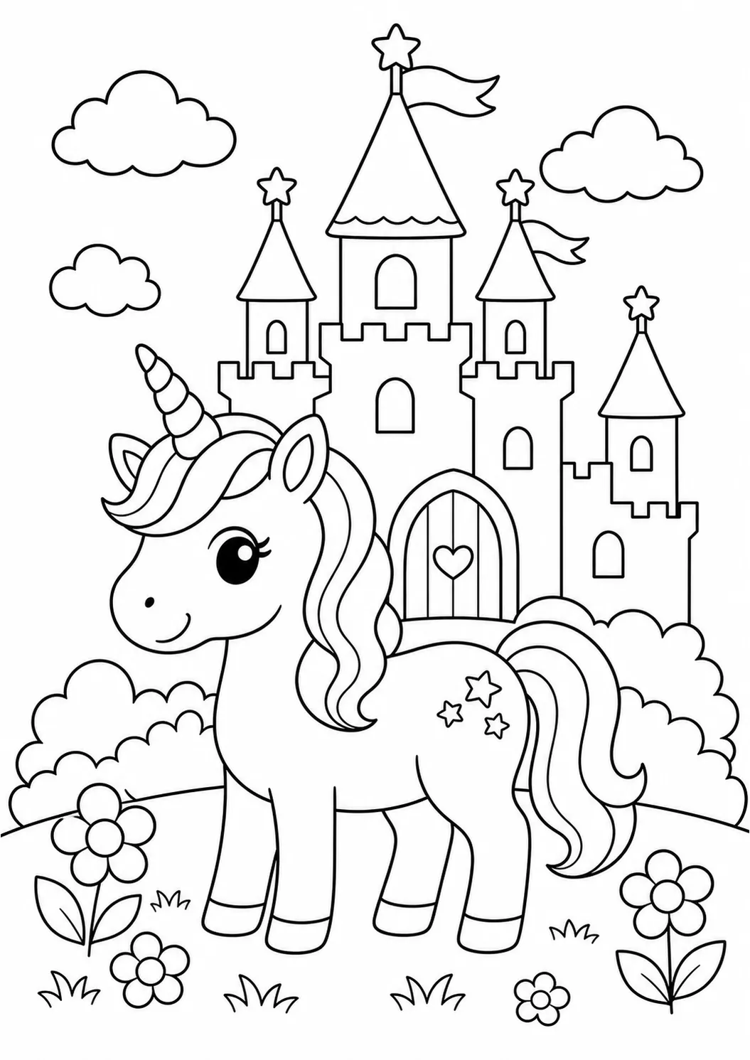 Unicorn Fairy Tale Castle free printable unicorn coloring page