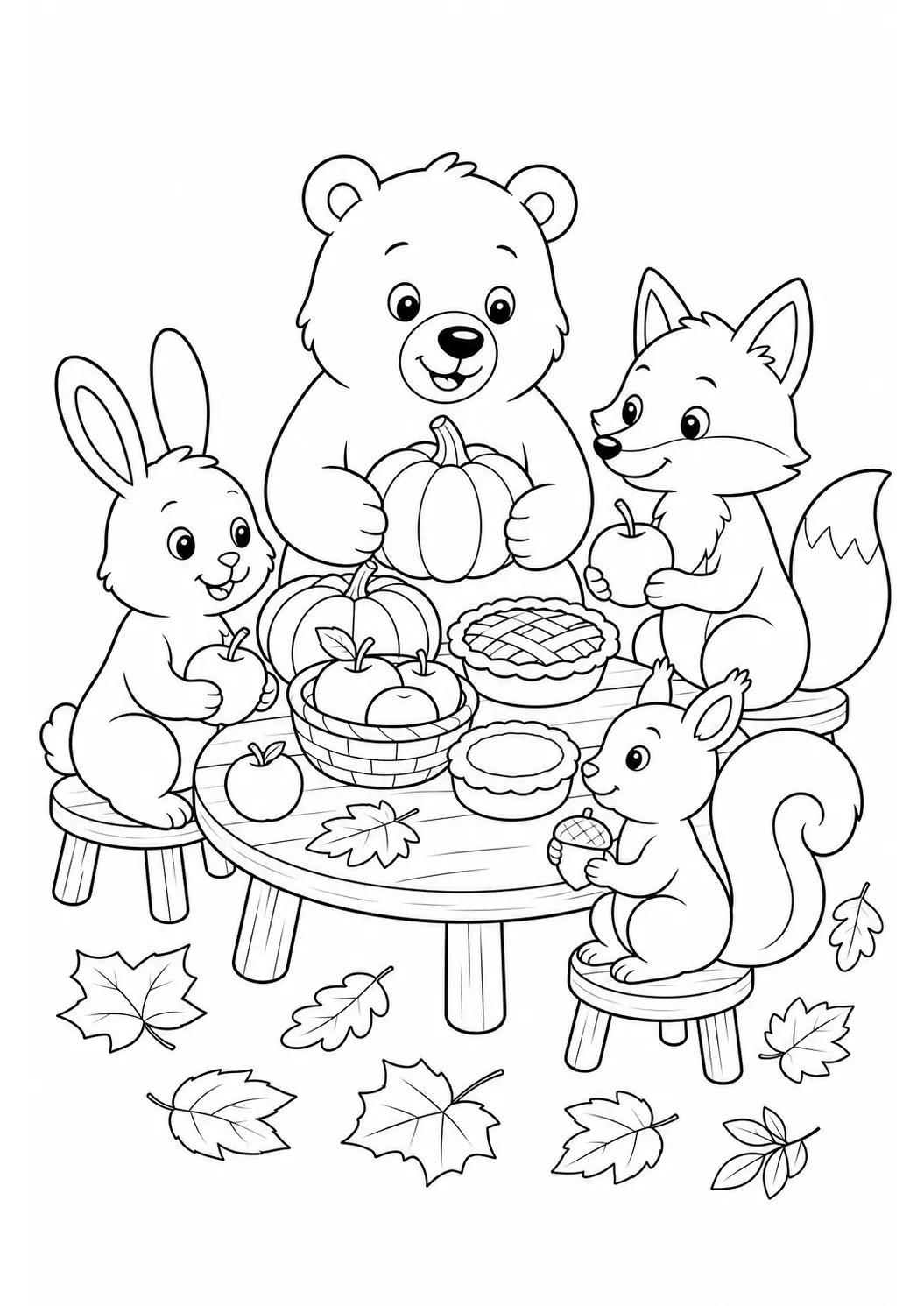 Forest animals Thanksgiving party free printable coloring page