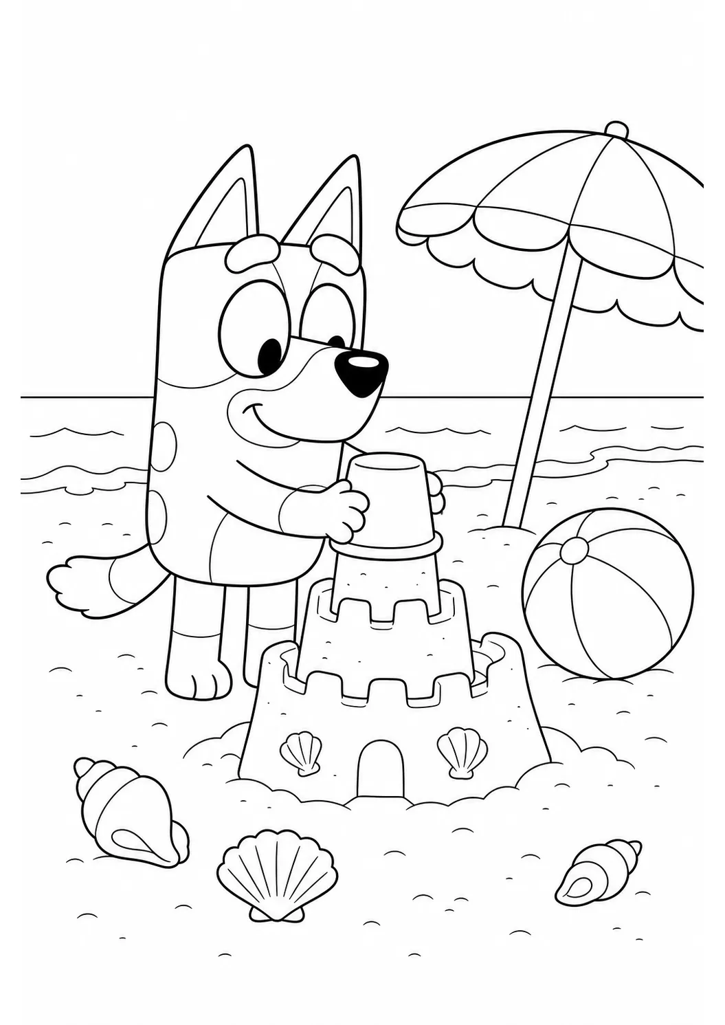 Bluey am Strand – kostenlose Bluey-Malvorlage zum Ausdrucken