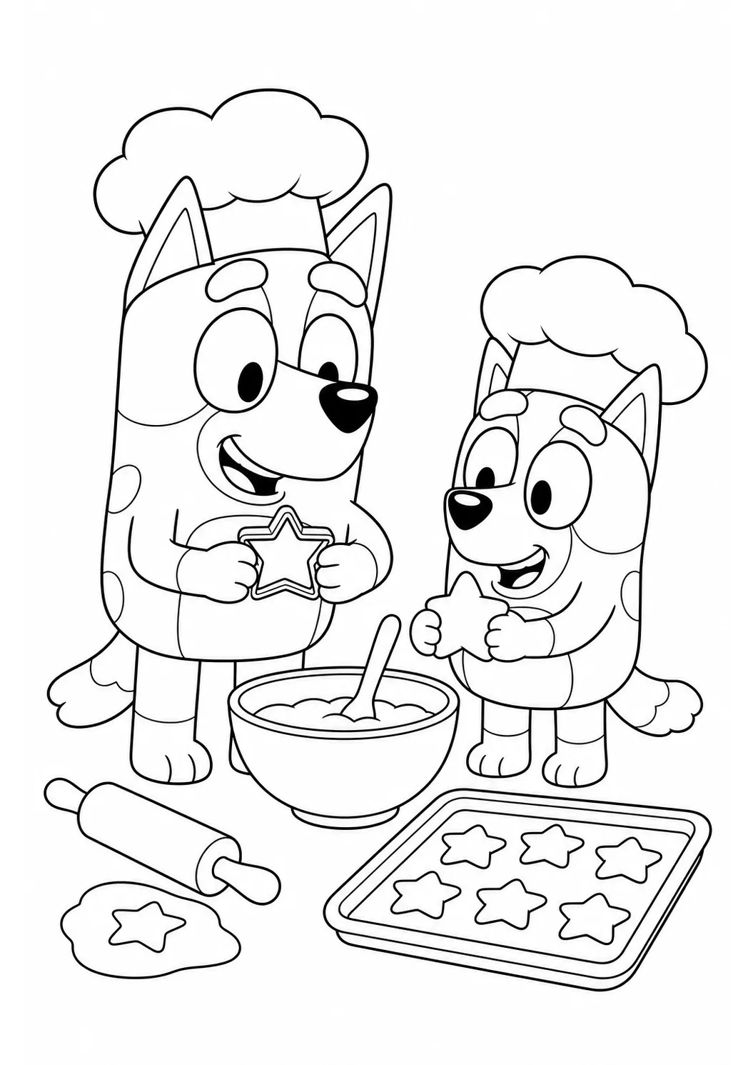 Bluey und Bingo beim Backen – kostenlose Bluey-Malvorlage zum Ausdrucken