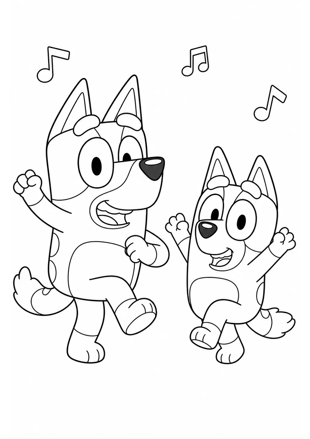 Bluey und Bingo tanzen – kostenlose Bluey-Malvorlage zum Ausdrucken