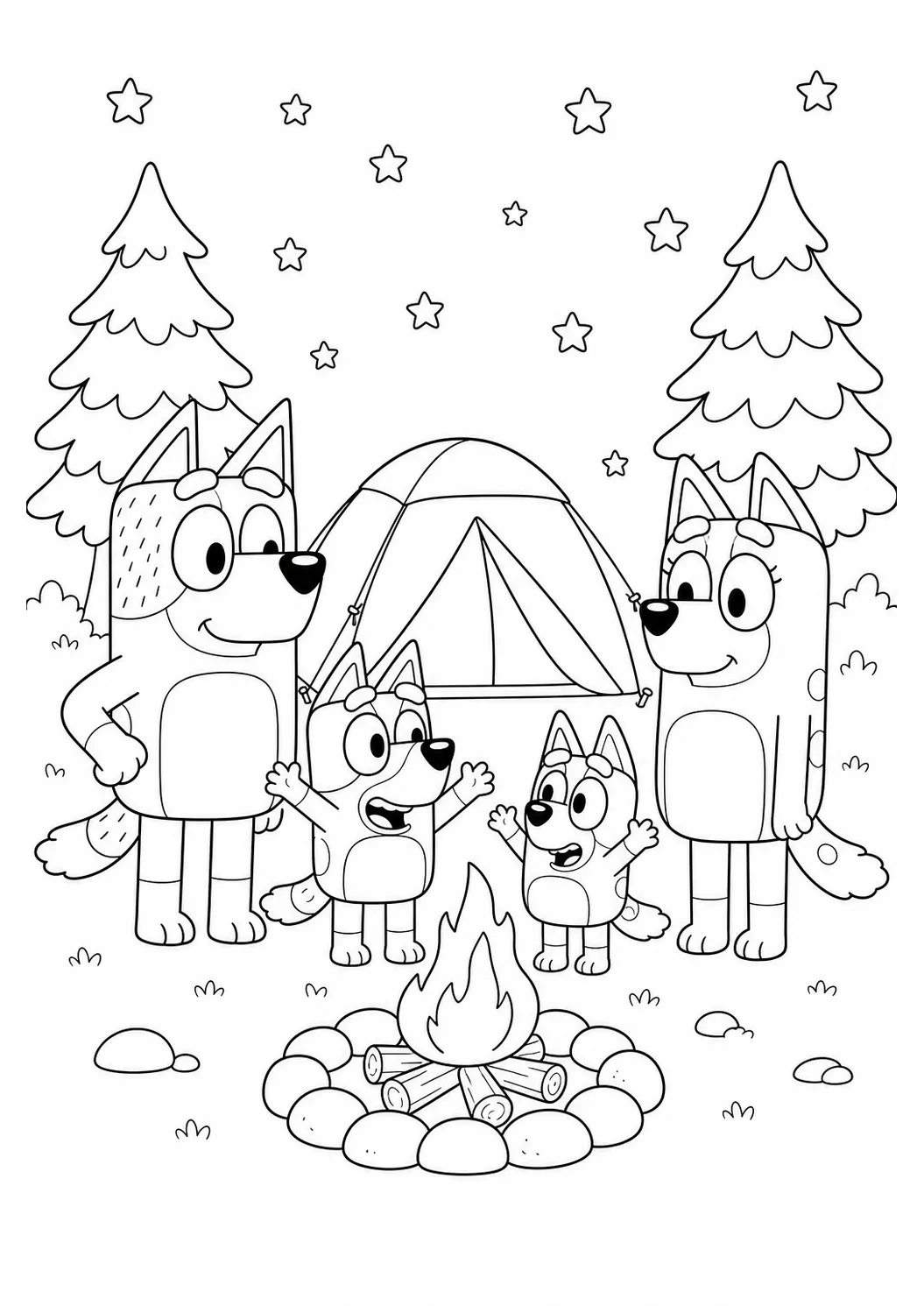 Bluey beim Camping – kostenlose Bluey-Malvorlage zum Ausdrucken