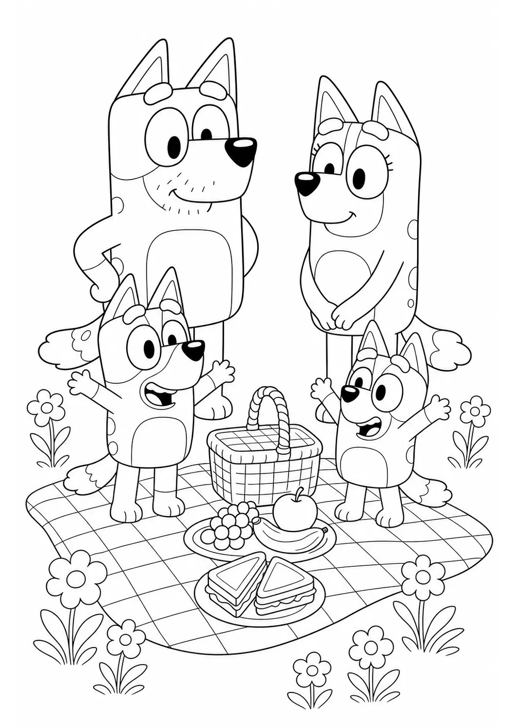 Bluey beim Picknick – kostenlose Bluey-Malvorlage zum Ausdrucken