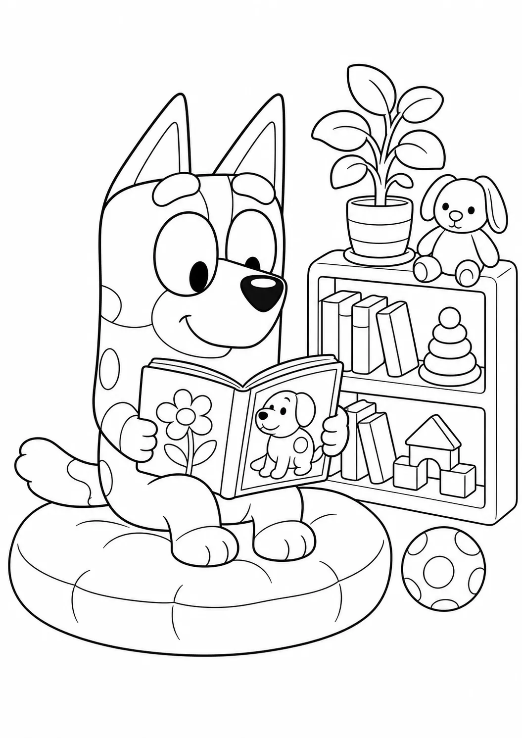 Bluey beim Lesen – kostenlose Bluey-Malvorlage zum Ausdrucken
