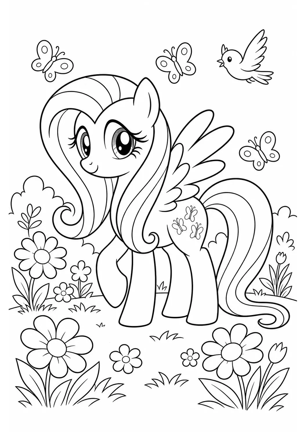 Fluttershy mit Schmetterlingen – kostenloses My Little Pony Ausmalbild