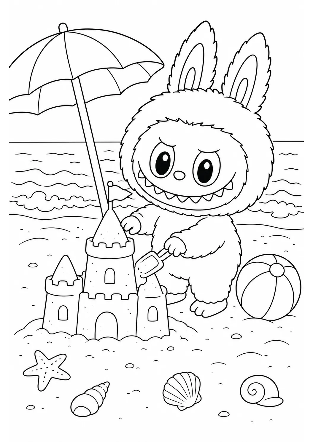 Labubu beach holiday free printable coloring page
