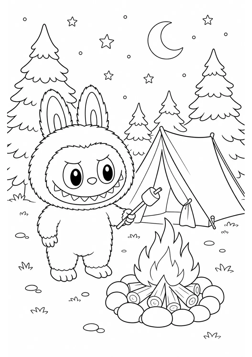 Labubu forest camping free printable coloring page