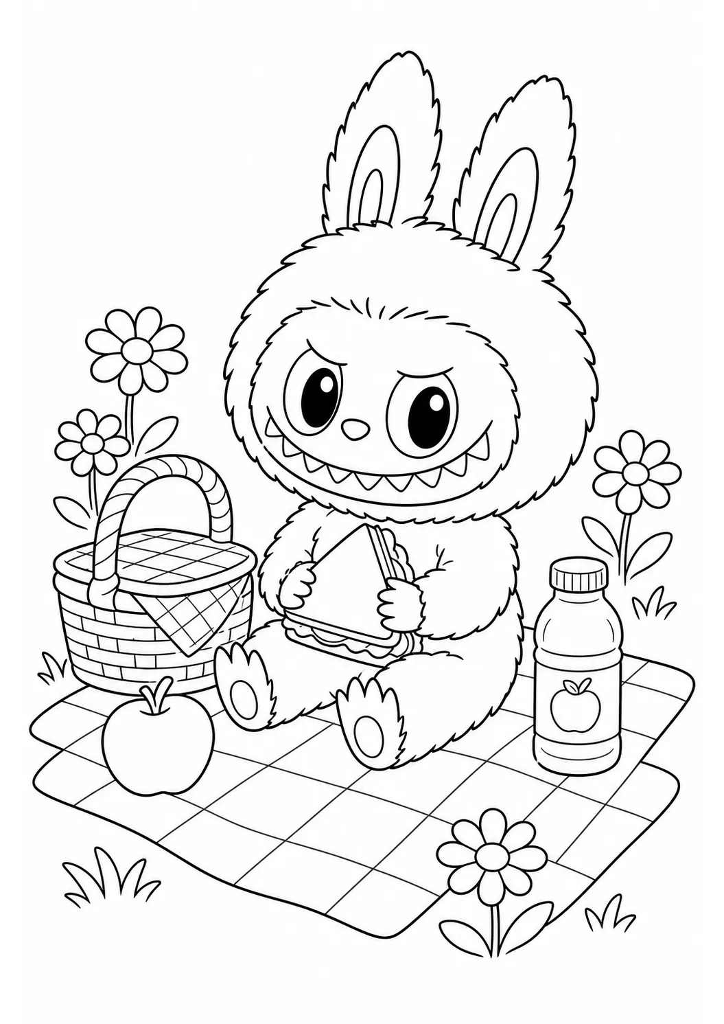 Labubu meadow picnic free printable coloring page