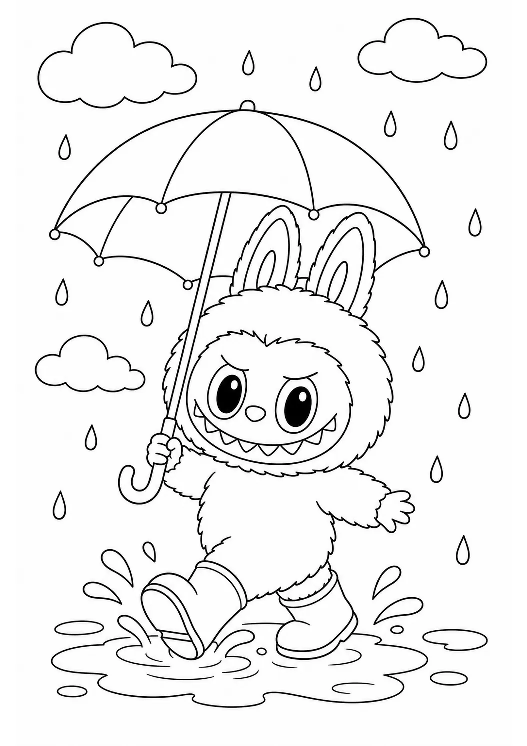 Labubu rainy day walk free printable coloring page