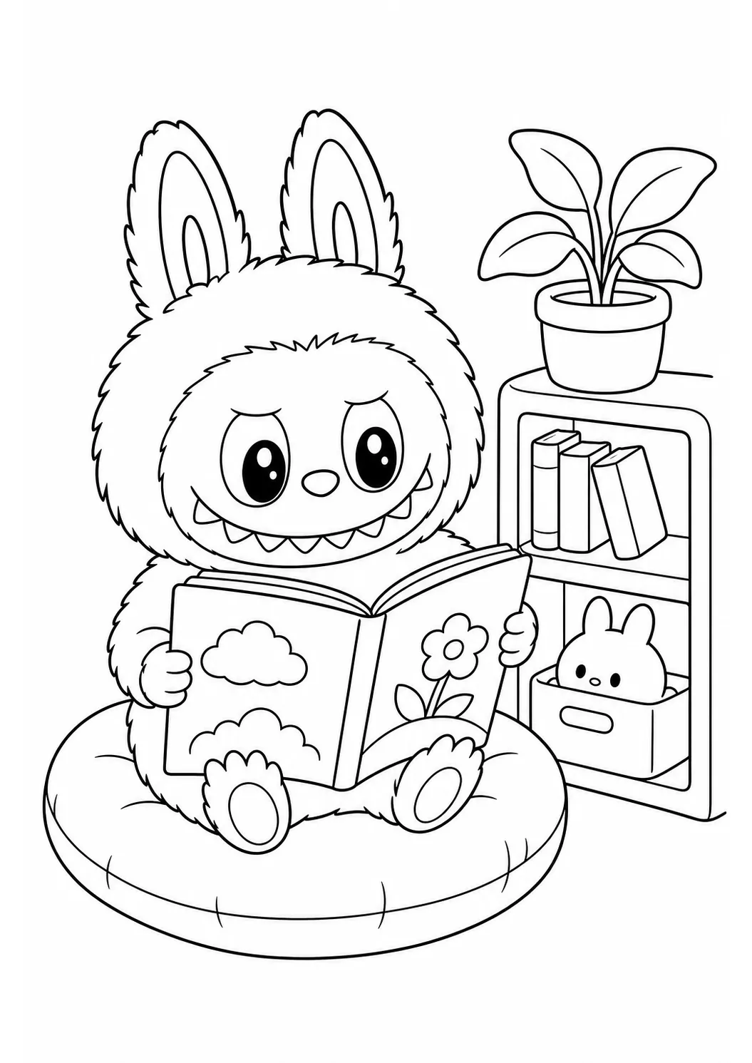 Labubu reading time free printable coloring page
