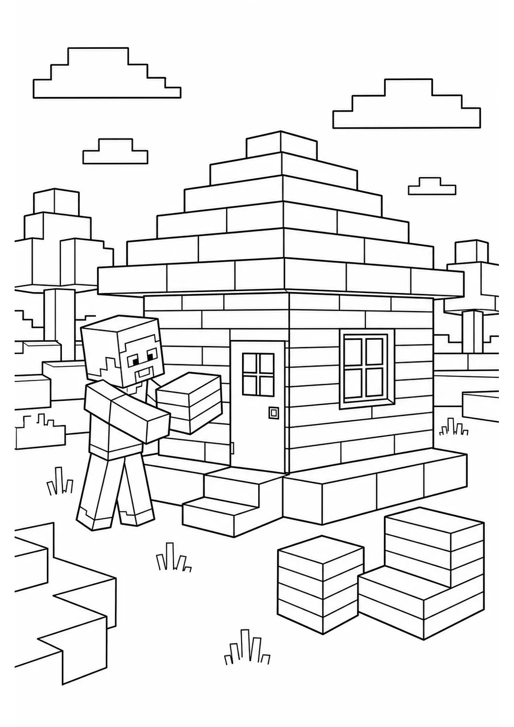 建造方块小屋免费可打印我的世界涂色页