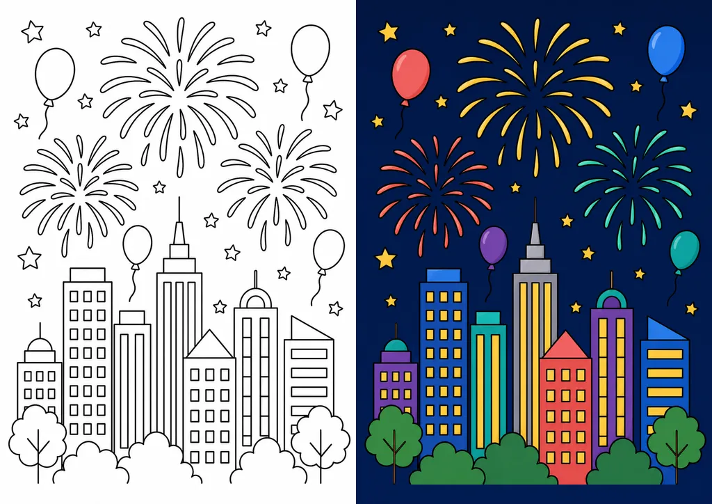 Vista previa de páginas para colorear de Año Nuevo gratuitas e imprimibles