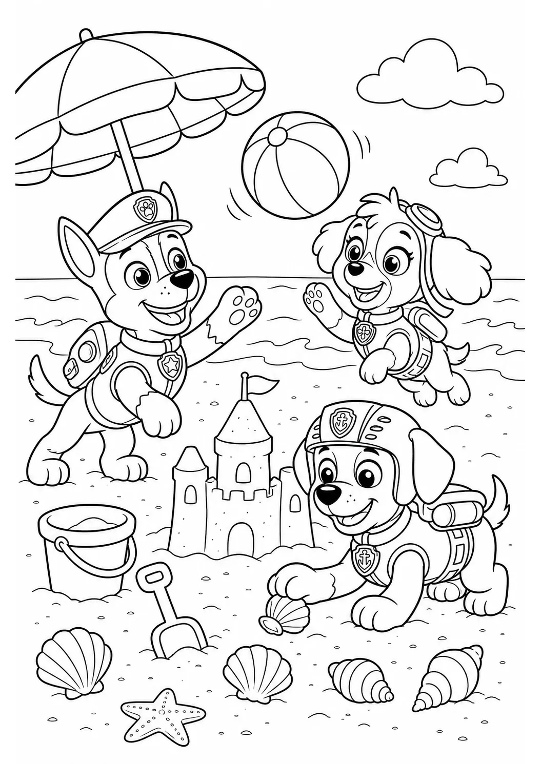 Tranh tô màu PAW Patrol kỳ nghỉ bãi biển miễn phí có thể in