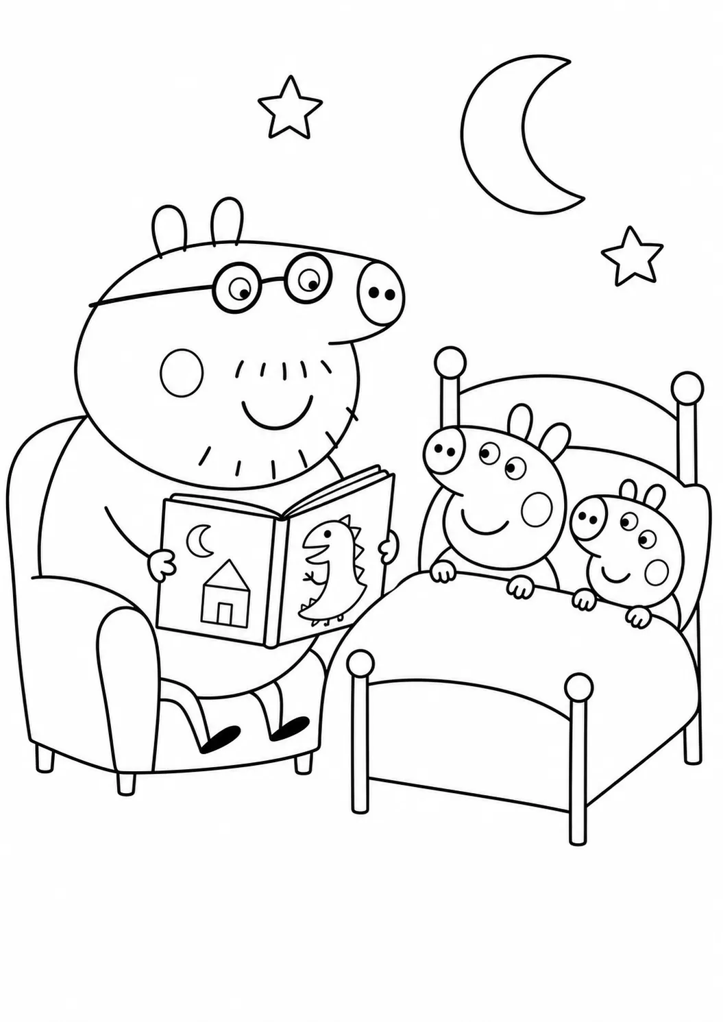 Peppas Familie bei der Gute-Nacht-Geschichte – kostenloses Peppa Wutz Ausmalbild
