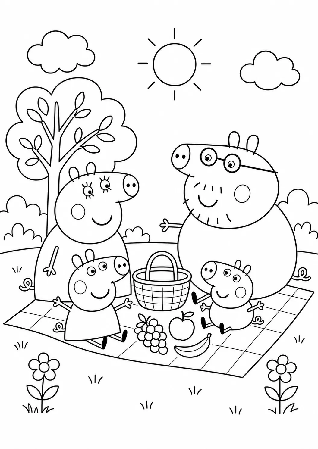 Peppas Familie beim Picknick – kostenloses Peppa Wutz Ausmalbild