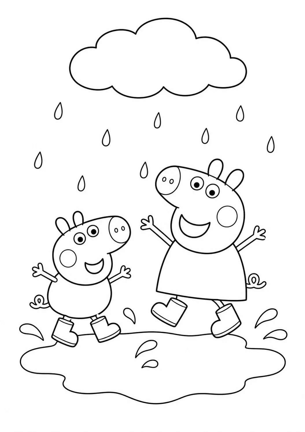 Peppa und Schorsch springen in Matschpfützen – kostenloses Peppa Wutz Ausmalbild