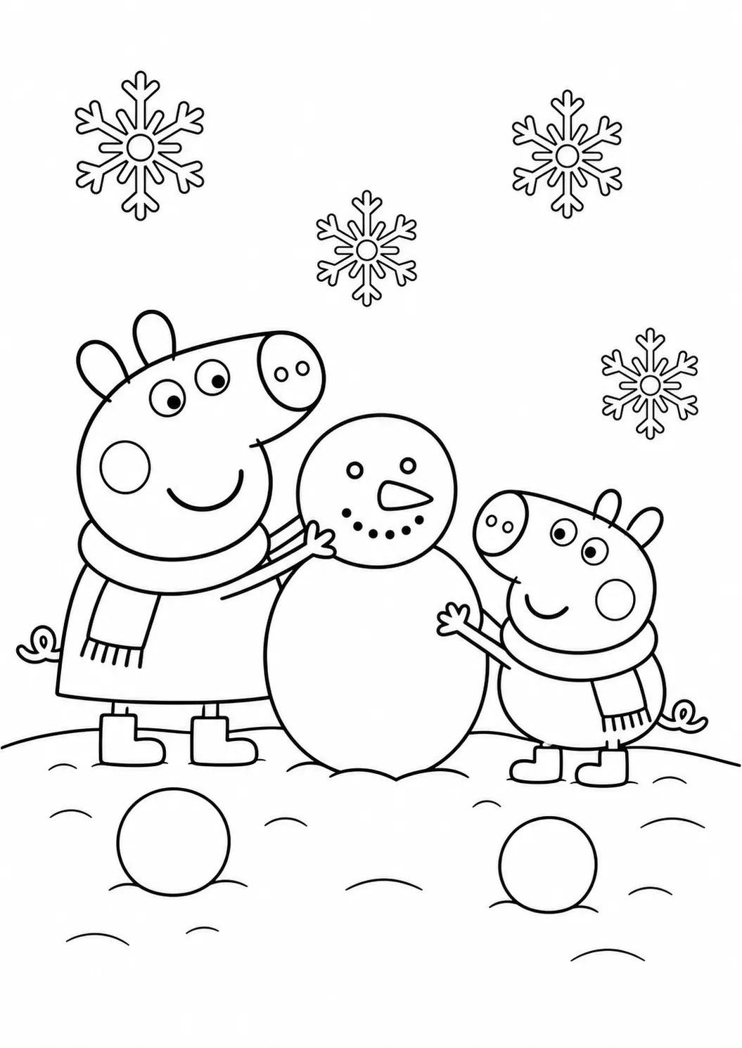 Peppa baut einen Schneemann – kostenloses Peppa Wutz Ausmalbild