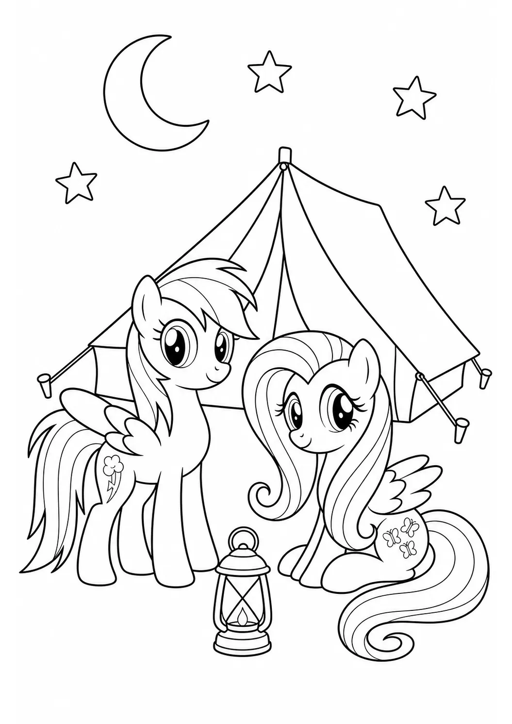 Pony-Camping unter dem Sternenhimmel – kostenloses My Little Pony Ausmalbild