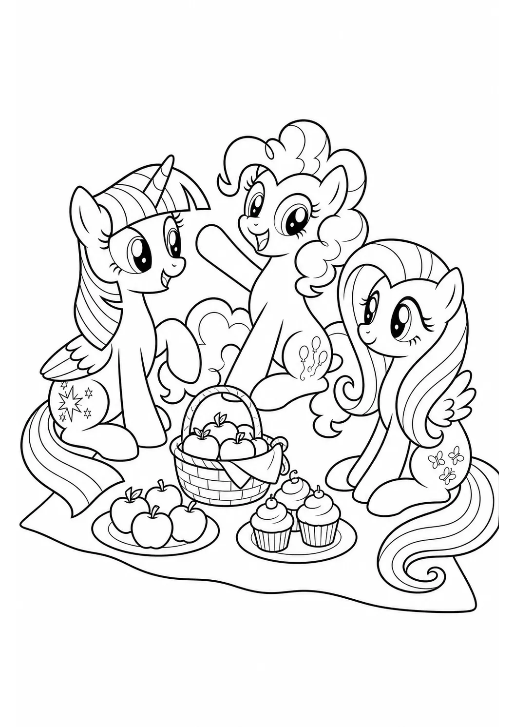 Pony-Freunde beim Picknick – kostenloses My Little Pony Ausmalbild