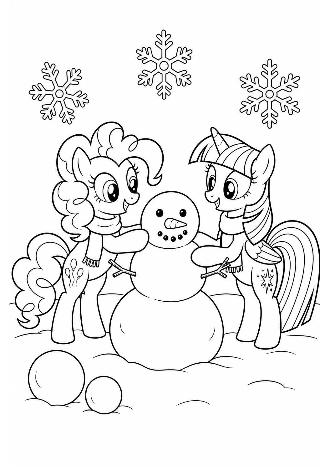 Ponys bauen einen Schneemann – kostenloses My Little Pony Ausmalbild