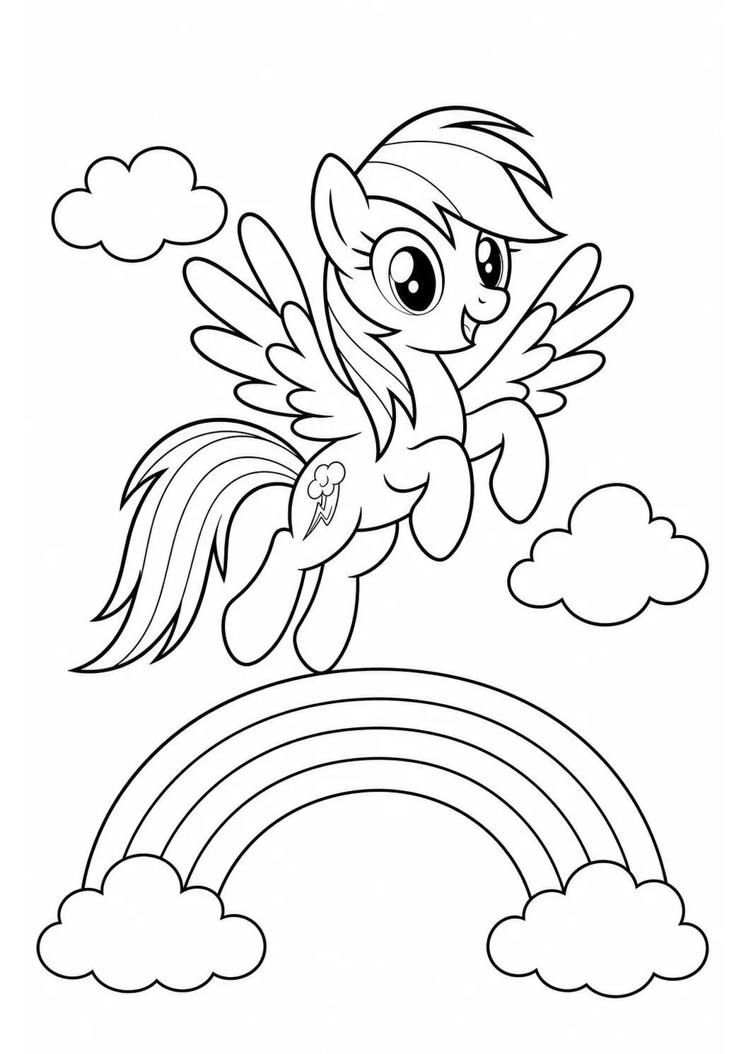 Rainbow Dash fliegt durch die Wolken – kostenloses My Little Pony Ausmalbild