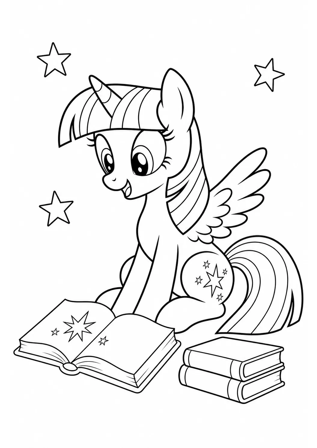 Twilight Sparkle liest ein Zauberbuch – kostenloses My Little Pony Ausmalbild